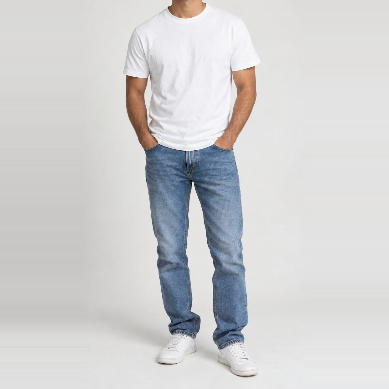 Real Life Monster costume: a man in a plain white t-shirt, blue jeans and white trainers
